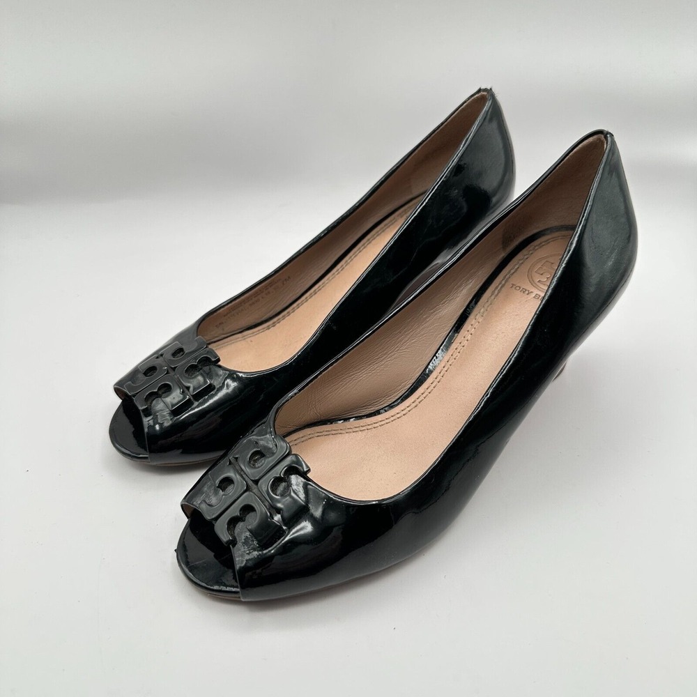 Tory Burch Lowell Wedge Heels Womens 7M Black Patent Leather Peep Toe Luxury CEO